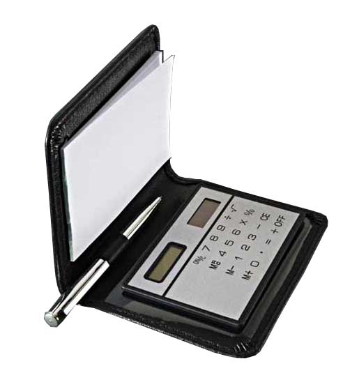 Kit personalizado com calculadora, bloco e caneta